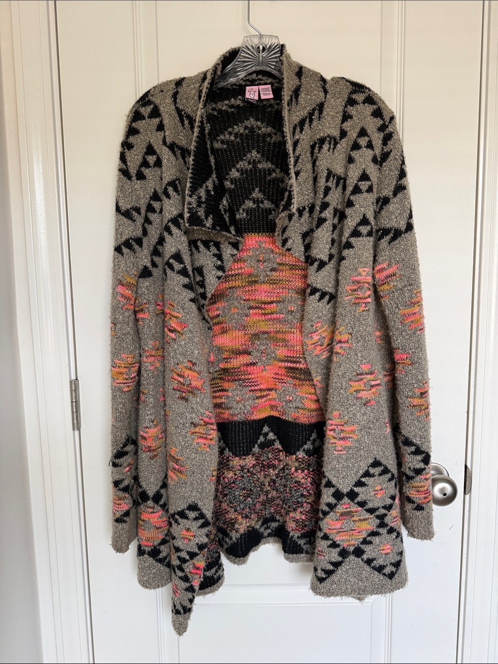 Cozy Aztec Open-Front Cardigan Sweater - Gray with Pink & Orange Accents - Picture 2 of 12
